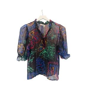 NWT Maude Vivante Sheer Puff Sleeve Abstract Print Blouse Top Size XS